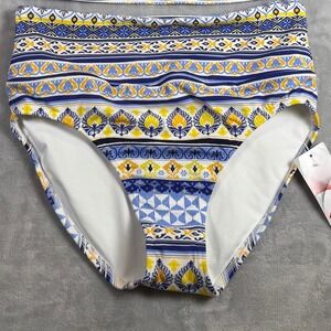 Lands' End Swimsuit Bottom Womens 10 High Waist Tummy Control Blue Yellow NWT